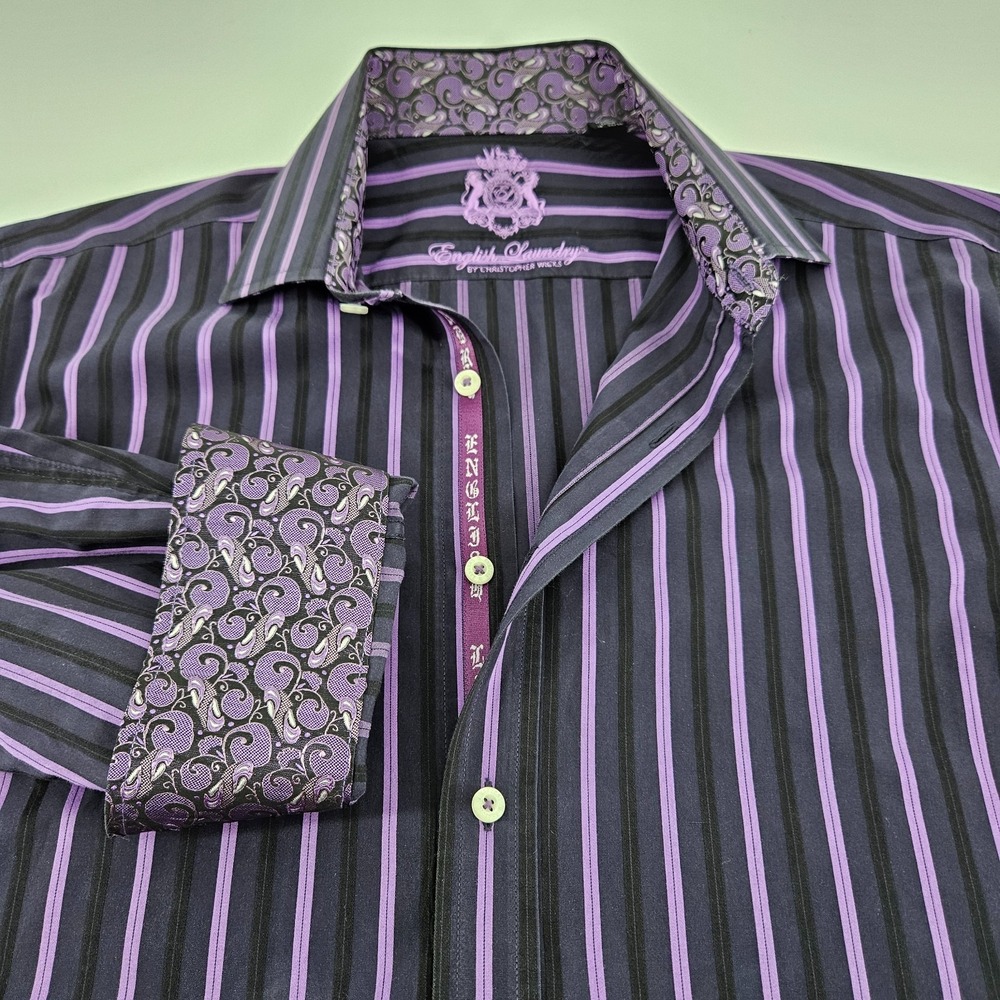 English Laundry Men's 16 34/35 Purple Striped Cotton Dress Shirt Paisley Cuff